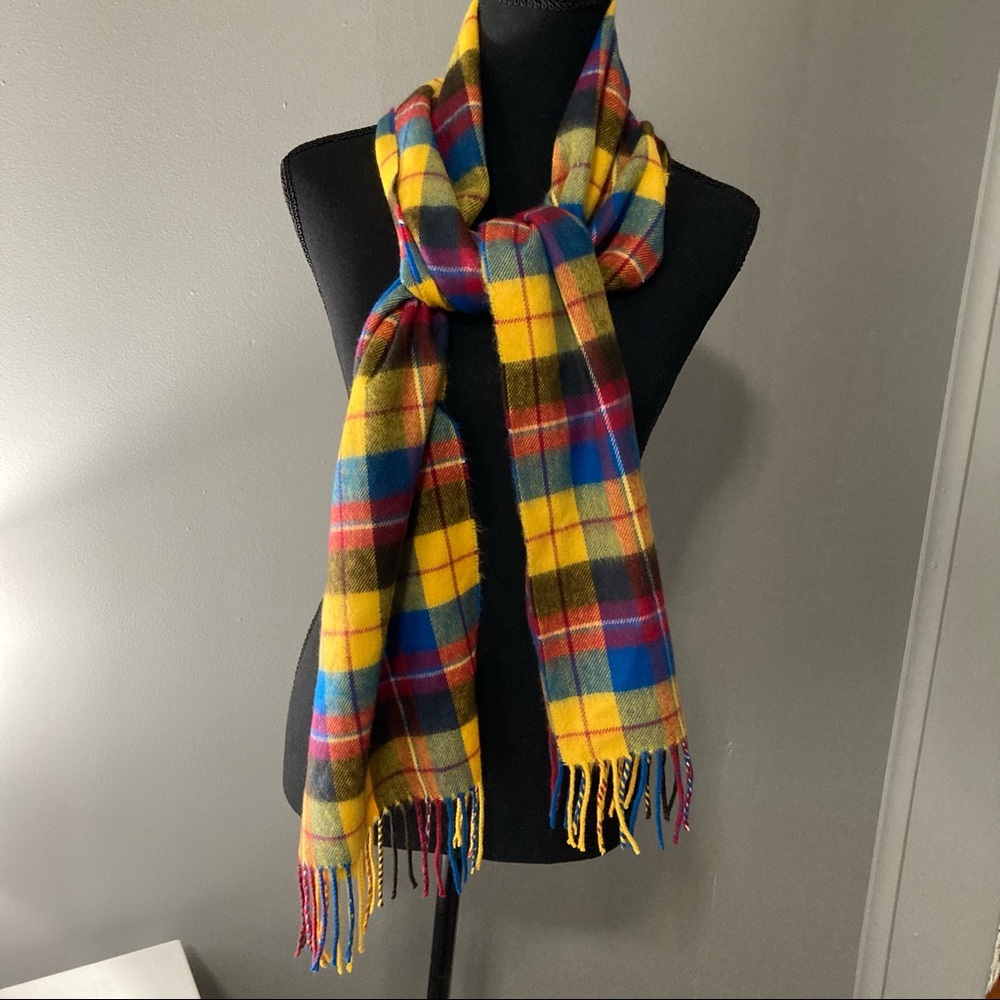 Luxury 100% Cashmere Unisex Scarf Made in Scotland approx 13x70 yellow blue red